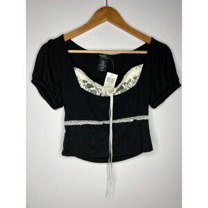 Thorn & Fable Black Cream Lace Insert Crop Top Womens Small New